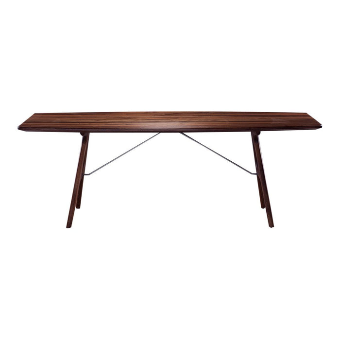 "Long wooden table with a rich brown finish and sleek, minimalist design."
