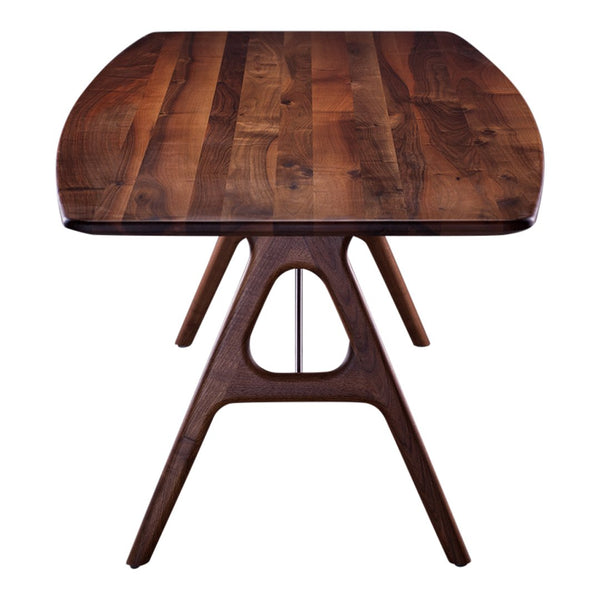 Wooden table featuring rich brown tones and a sleek, modern geometric pattern in the legs.