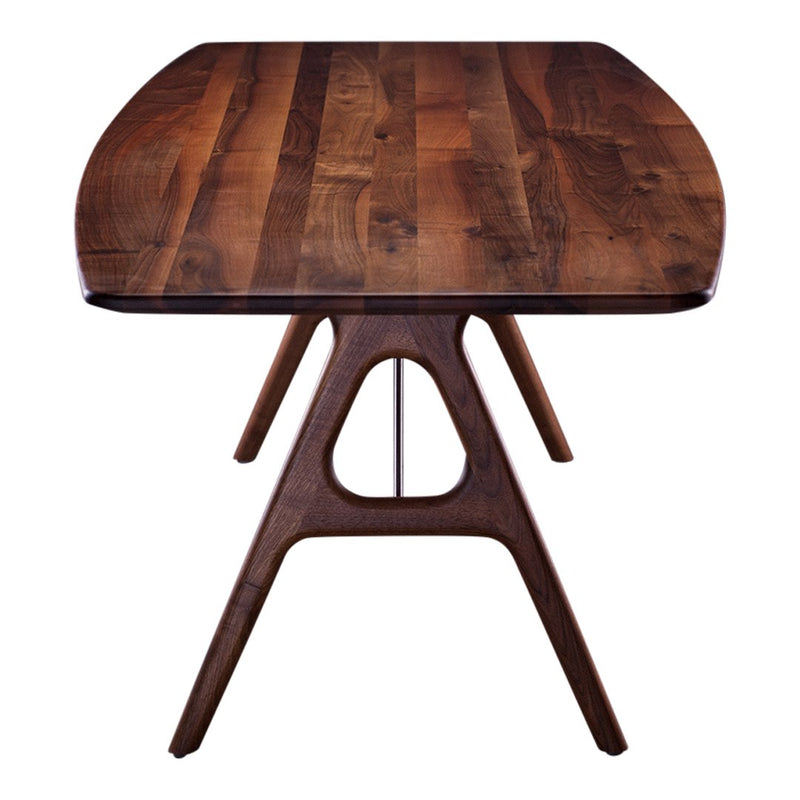 Wooden table featuring rich brown tones and a sleek, modern geometric pattern in the legs.