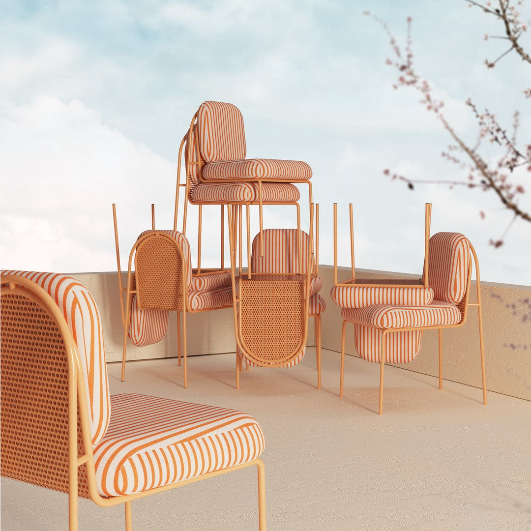 Stylish chairs featuring orange and cream stripes, with a modern woven pattern for an elegant touch.