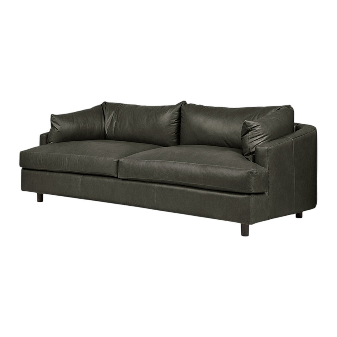 Dark gray leather sofa with a sleek, minimalist design and smooth texture, featuring plush cushions.