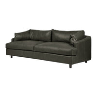 Dark gray leather sofa with a sleek, minimalist design and smooth texture, featuring plush cushions.