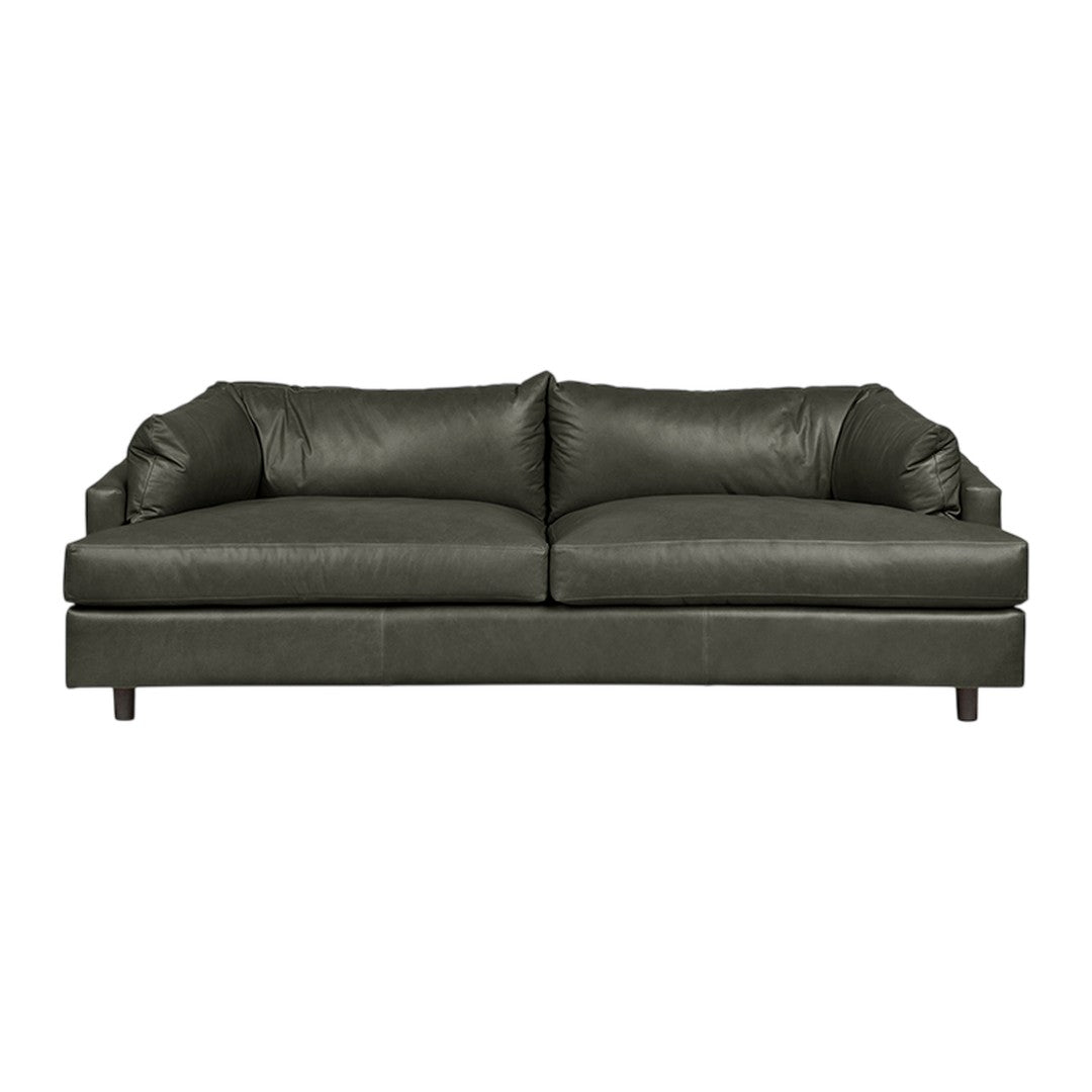 Dark green leather sofa with smooth, solid texture and plush cushions for modern elegance.