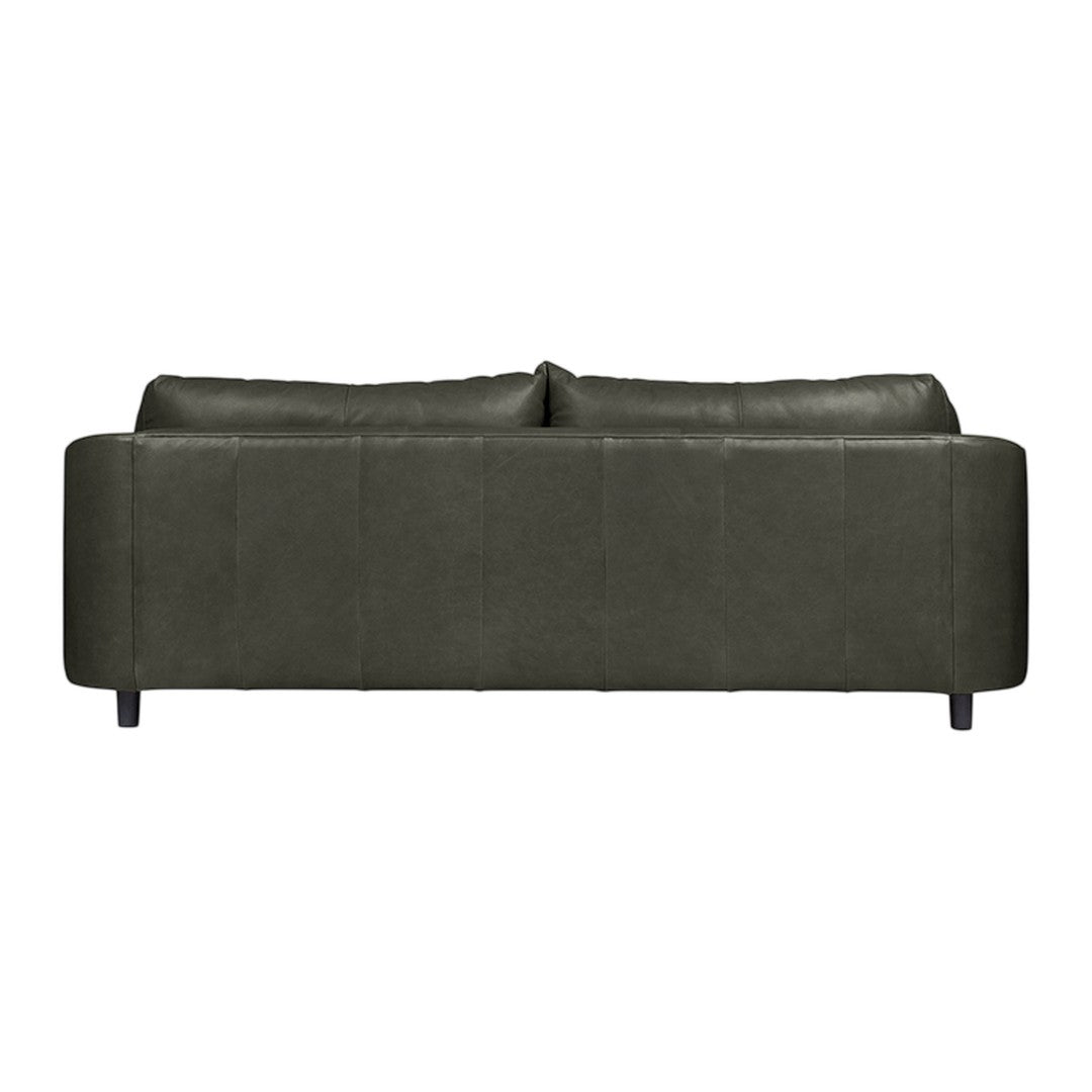 Dark green upholstered sofa with a smooth, modern design and clean lines. Perfect for contemporary living spaces.