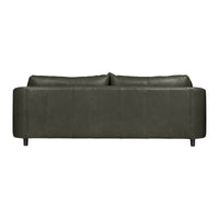 Dark green upholstered sofa with a smooth, modern design and clean lines. Perfect for contemporary living spaces.