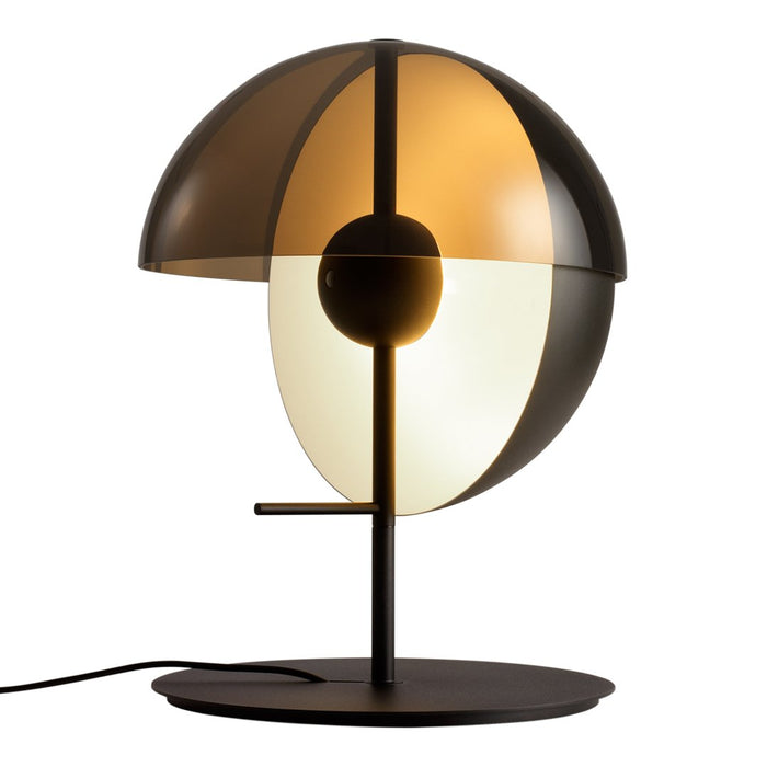Modern lamp with a circular design featuring warm browns and soft yellows, creating a stylish, sleek contrast.