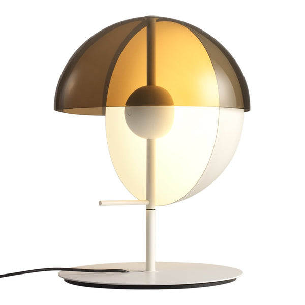 Modern table lamp with a brown, amber, and white shade, featuring a sleek cylindrical base and minimalist design.