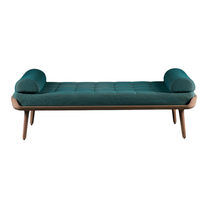 Teal upholstered bench with a tufted design and rounded armrests, complemented by a wooden base.