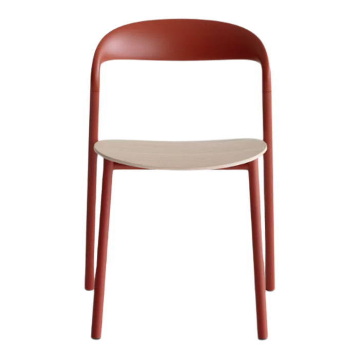 Red and beige chair featuring a minimalist design with a smooth finish and clean lines. Ideal for modern decor.