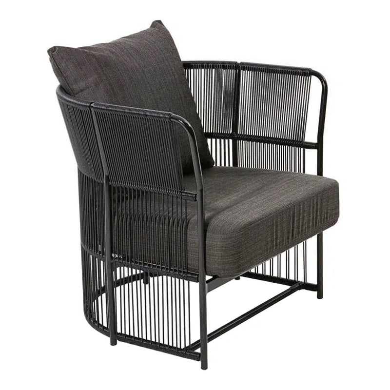 Black metal chair with gray woven seat and back, featuring a sleek, modern design. Perfect for contemporary decor.