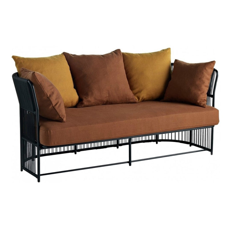 Rustic brown sofa with mustard yellow and deep brown cushions, featuring an open black metal frame and clean lines.
