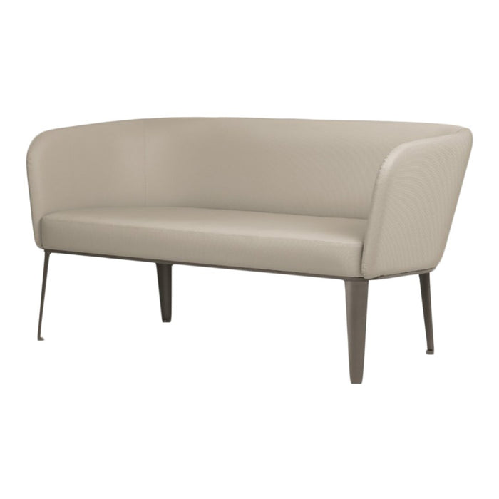 Light beige leather sofa with a smooth texture and minimalist design, featuring sleek metal legs.