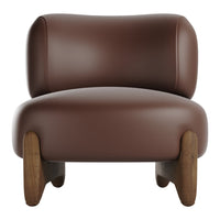 Brown leather lounge chair with smooth, rounded cushions and natural wood legs. Modern design and elegant finish.