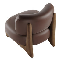 Brown leather chair with a smooth, solid curved design and contrasting wooden legs. Elegant and modern aesthetic.