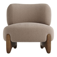 Taupe upholstered chair with smooth curves and wooden legs, showcasing a minimalist and modern design.
