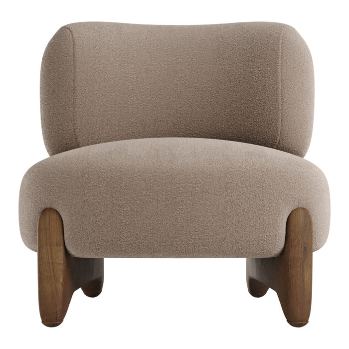 Taupe upholstered chair with smooth curves and wooden legs, showcasing a minimalist and modern design.