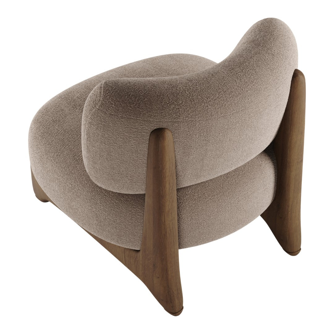 Beige upholstery with a smooth, rounded design and contrasting wooden legs for a modern touch.