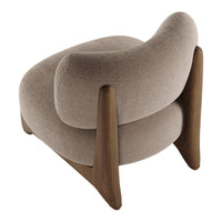 Beige upholstery with a smooth, rounded design and contrasting wooden legs for a modern touch.