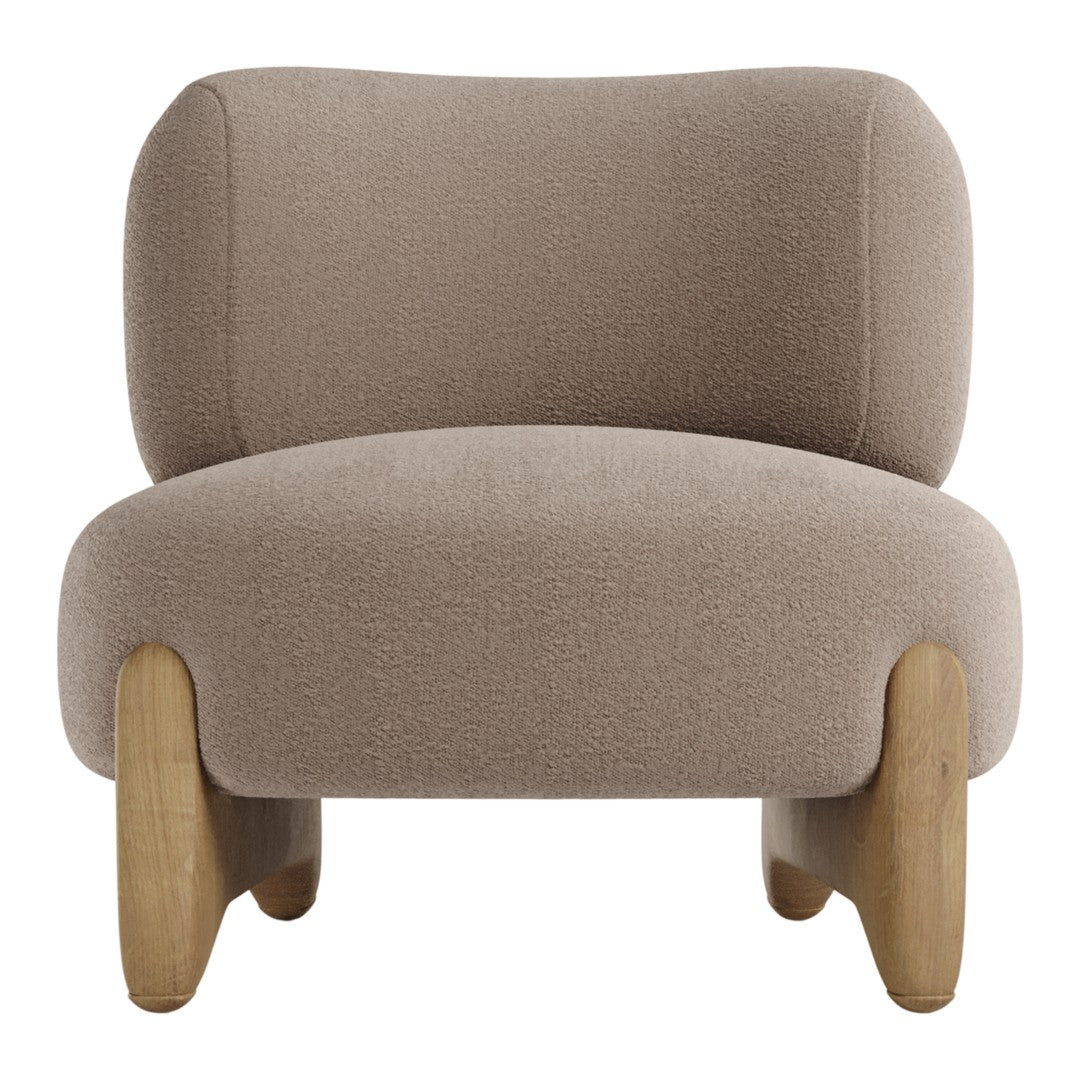 Beige modern armchair with a smooth, rounded shape and natural wooden legs. Soft texture with minimalistic design.