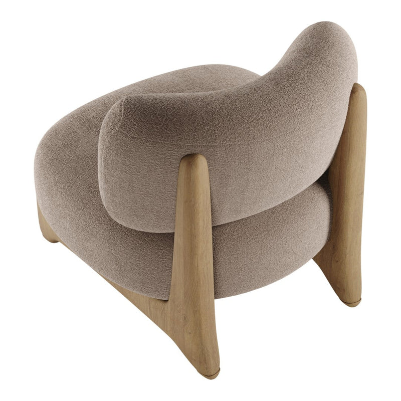 Textured beige upholstery with a soft, curved design and natural wood legs, showcasing a modern, minimalist aesthetic.