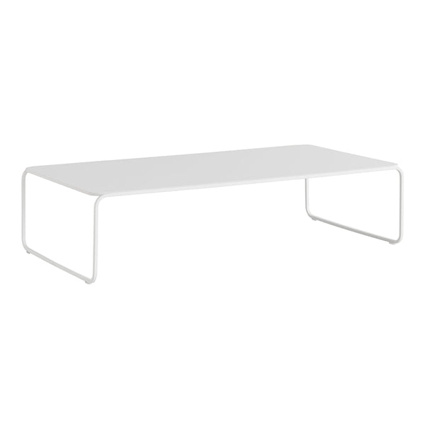 White minimalist coffee table with sleek, smooth finish and simple metal legs. Perfect for modern decor.