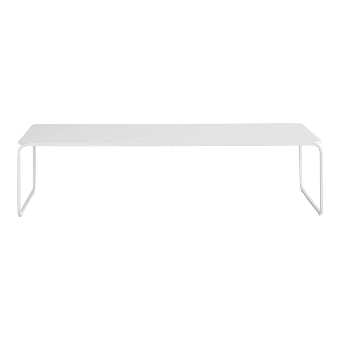 White rectangular table with minimalist design and sleek metal legs, perfect for modern decor.