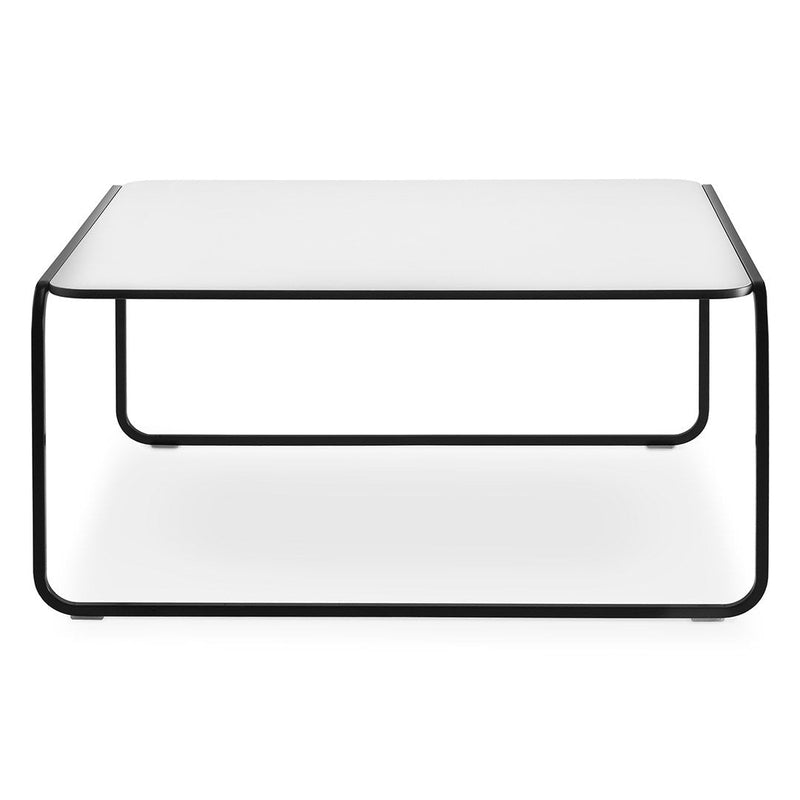 Sleek white glass tabletop with minimalist black metal frame; modern and elegant design perfect for contemporary spaces.
