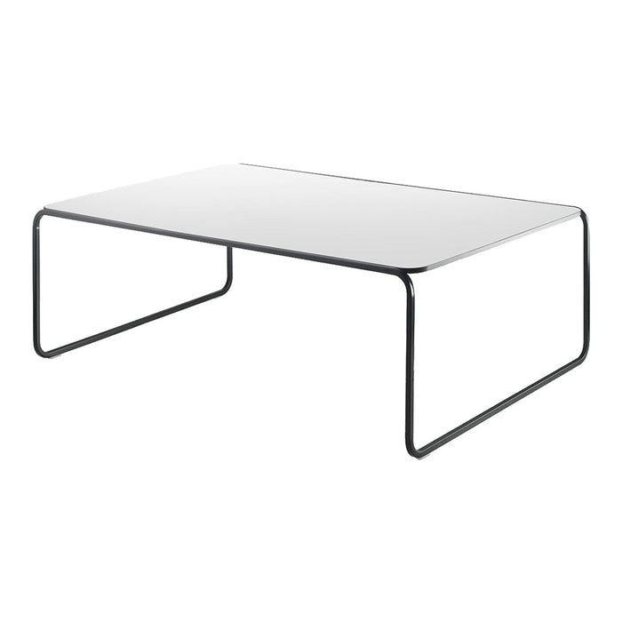 Modern white coffee table with a sleek black metal frame and minimalist design. Perfect for contemporary spaces.