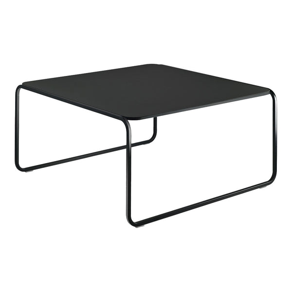 Black square coffee table with sleek metal frame and minimalistic design, perfect for modern decor.