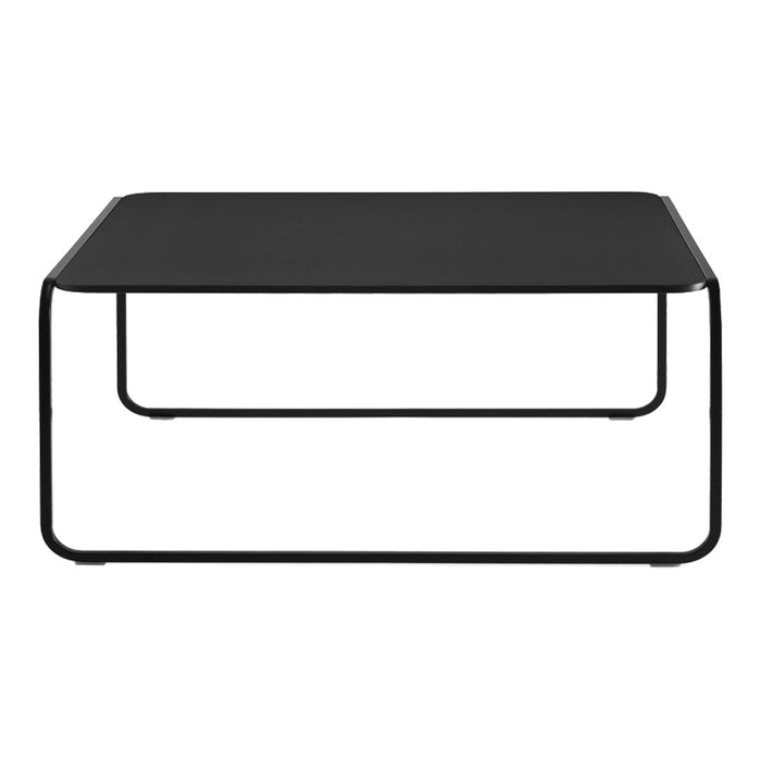 Black square coffee table with a sleek, minimalist design and black metal frame. Perfect for modern decor.