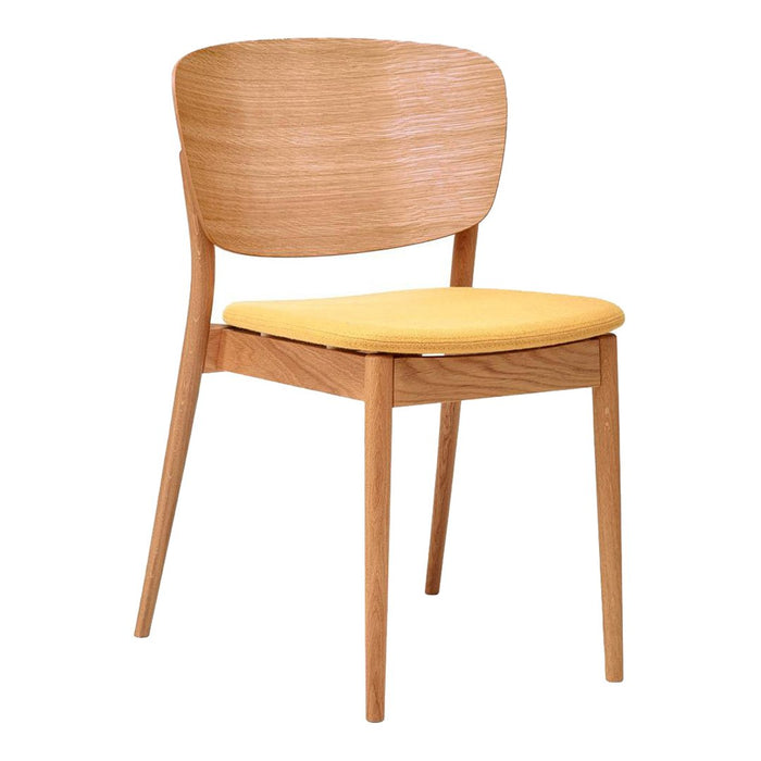 Wooden chair with a light natural finish and a vibrant yellow upholstered seat. Simple and modern design.