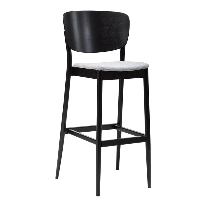 Black wooden bar stool with a sleek design and a white upholstered seat, perfect for modern decor.