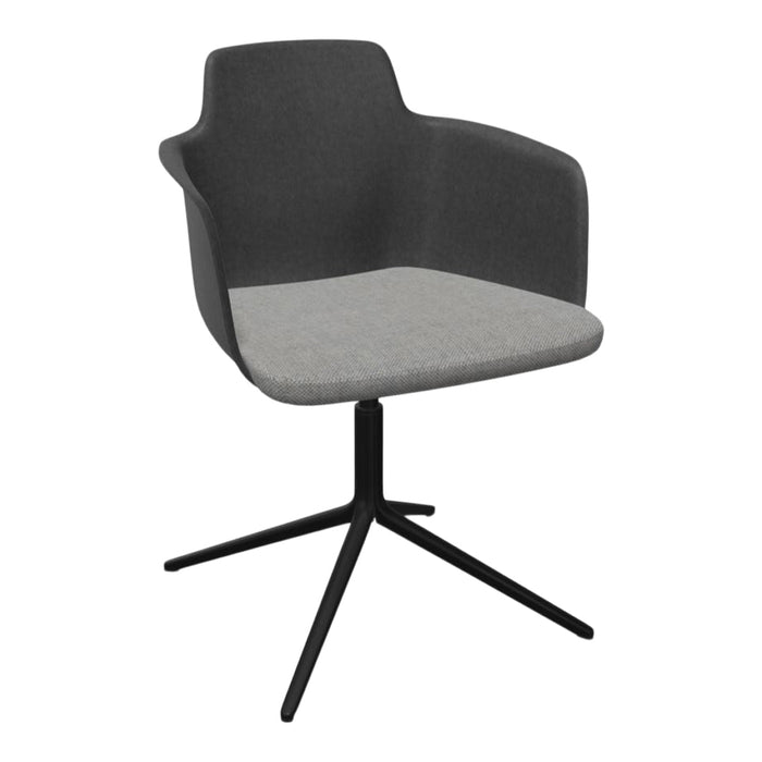 Stylish gray and light gray upholstered chair with a black metal base, featuring a sleek modern design.
