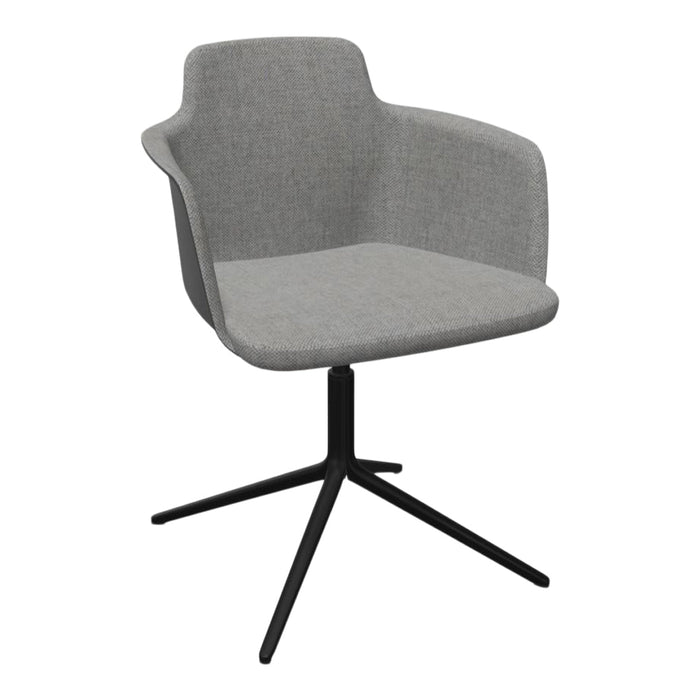 Gray upholstered chair with a sleek modern design and a black metal base, perfect for contemporary décor.