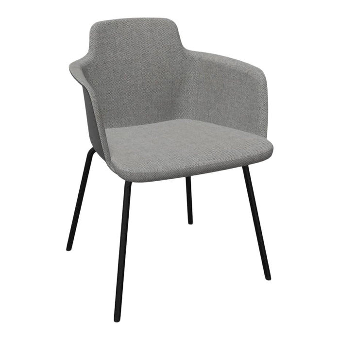 Gray upholstered chair with a minimalist design and black metal legs. Simple, modern aesthetic perfect for any space.