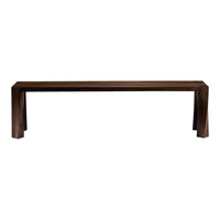 Dark wooden bench with a smooth finish and clean lines, showcasing rich brown tones in a minimalist design.