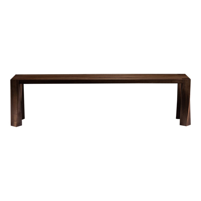 Dark wooden bench with a smooth finish and clean lines, showcasing rich brown tones in a minimalist design.