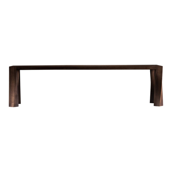Wooden bench with a rich dark brown finish and sleek, minimalist design. Perfect for modern decor.