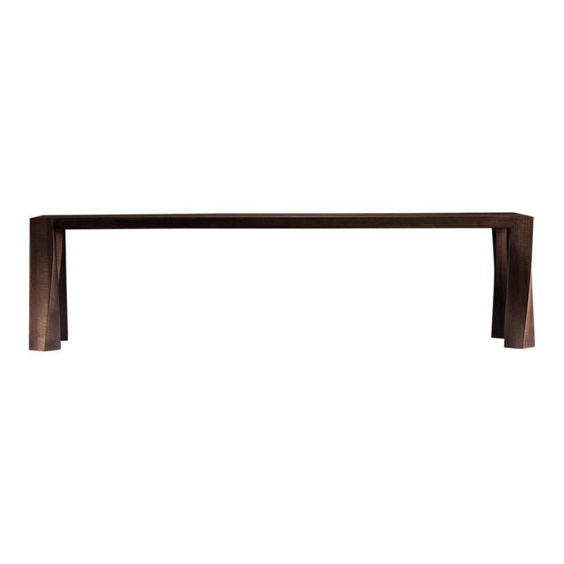 Wooden bench with a rich dark brown finish and sleek, minimalist design. Perfect for modern decor.