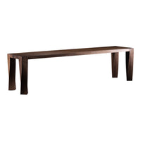 Dark brown wooden bench with smooth, minimalist design and tapered legs, showcasing natural wood texture.