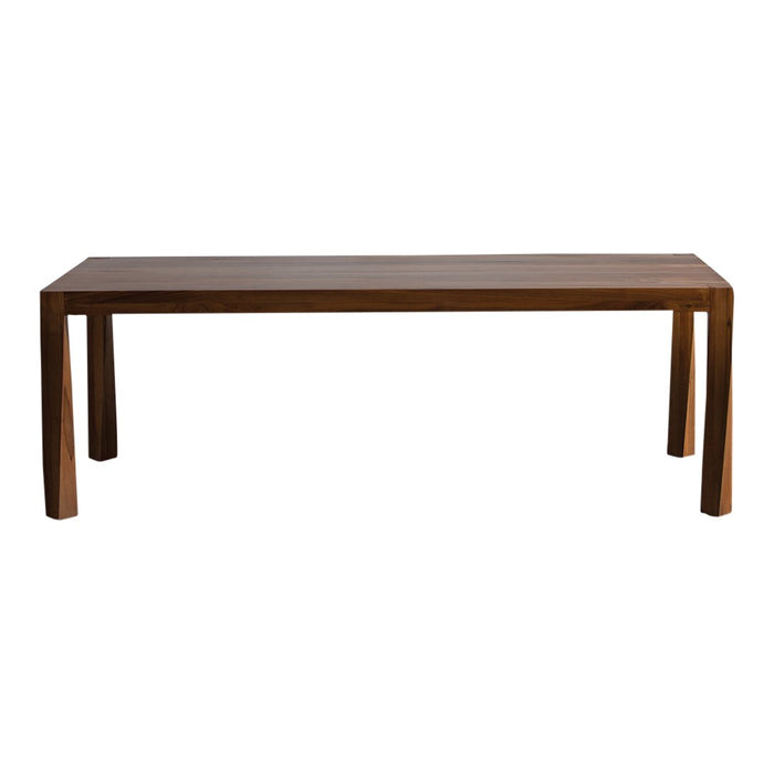 Solid wood dining table featuring a rich brown finish and smooth, sleek surface. Simple, modern design with no patterns.