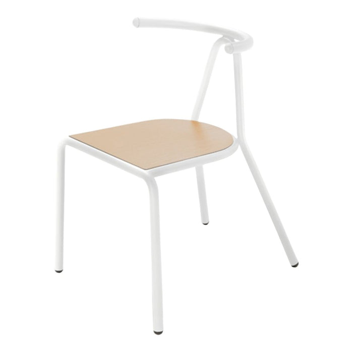 White metal chair with a light wood seat, featuring a minimalist design and smooth lines.