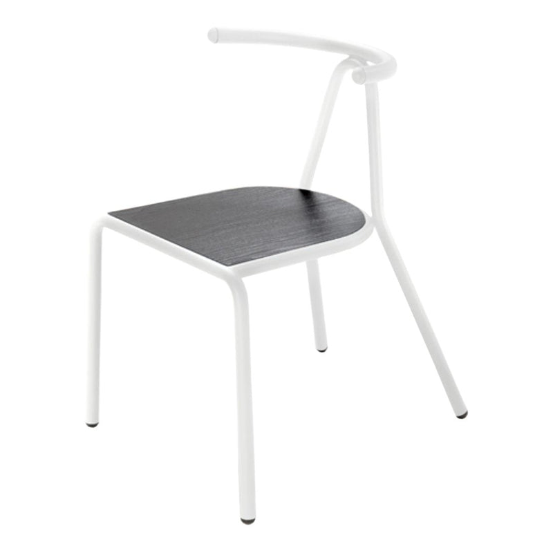 Modern white chair with a sleek, black wooden seat and minimalist design. Ideal for contemporary decor.