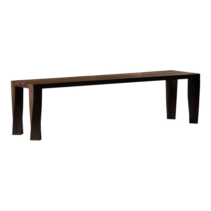 Dark wooden bench with a sleek, minimalist design and smooth, rich texture, perfect for modern interiors.
