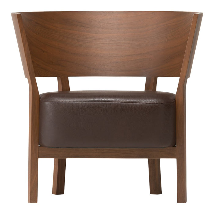 Brown wooden chair with a sleek design, featuring a dark brown leather cushion for a modern look.
