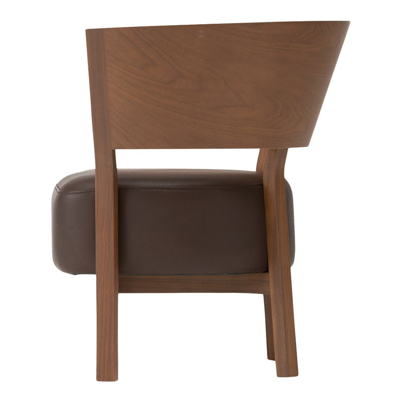 Wooden chair with a rich walnut finish and a contrasting dark brown leather seat, featuring a smooth, minimalist design.