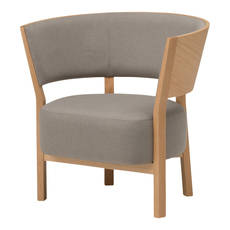 Gray upholstered chair with a minimalist wooden frame, featuring smooth lines and a contemporary design.