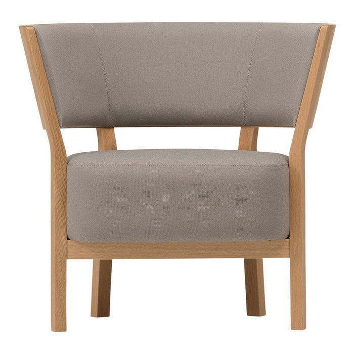 Gray upholstered chair with a sleek wooden frame, featuring clean lines and a modern design. Perfect for any space.