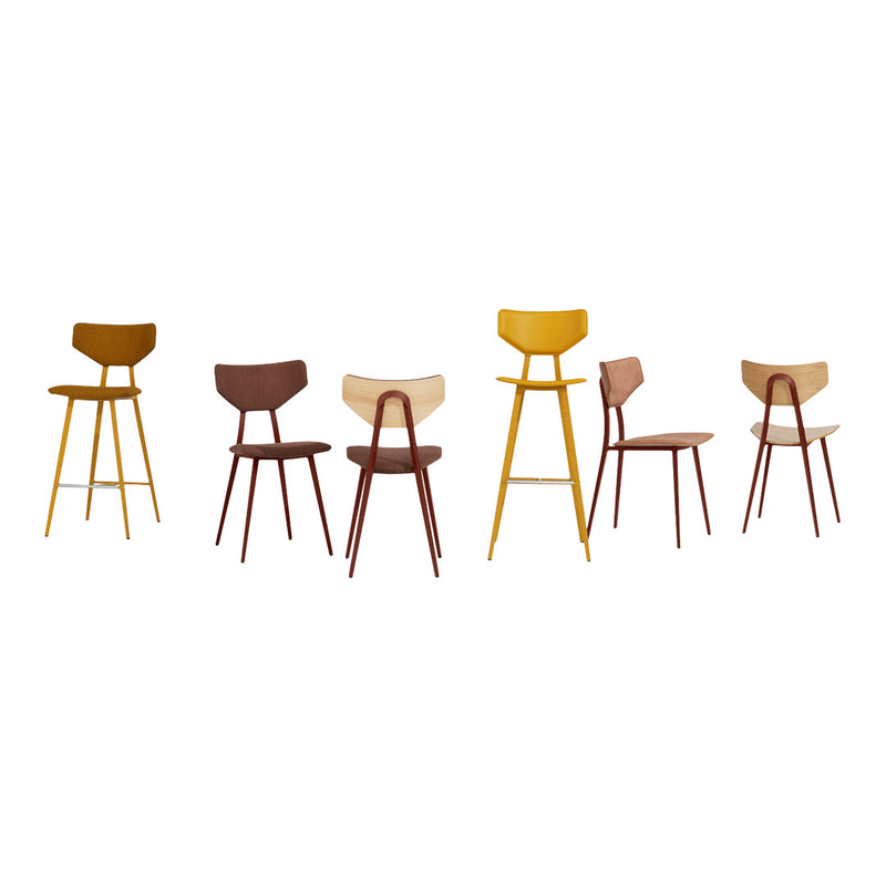 Colorful modern chairs in yellow, brown, and natural wood finishes with sleek, minimalistic designs.