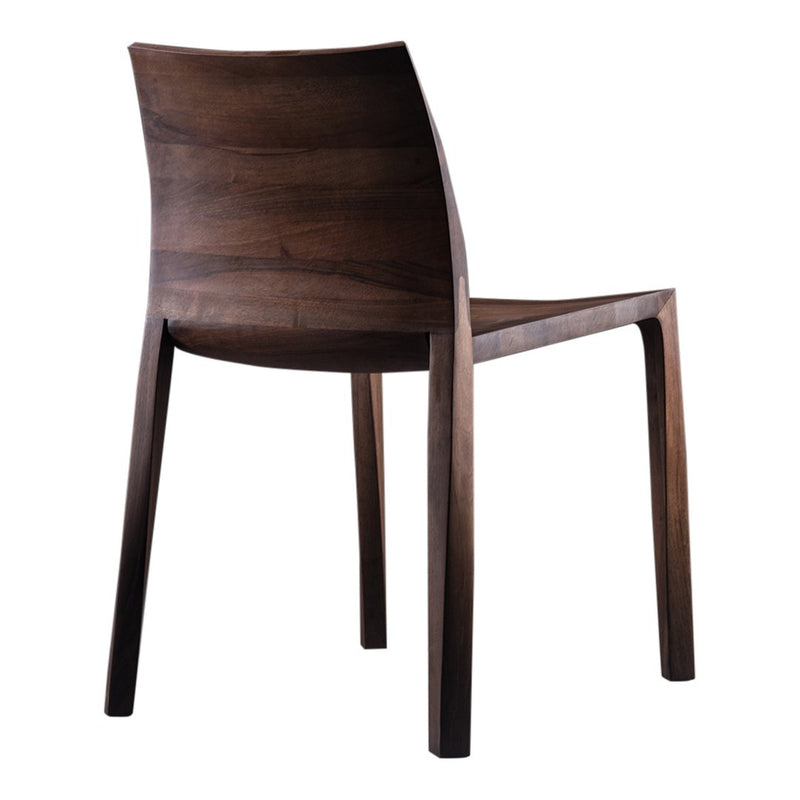 Dark walnut wood chair with a smooth, minimalist design and sleek lines. Perfect for modern decor.